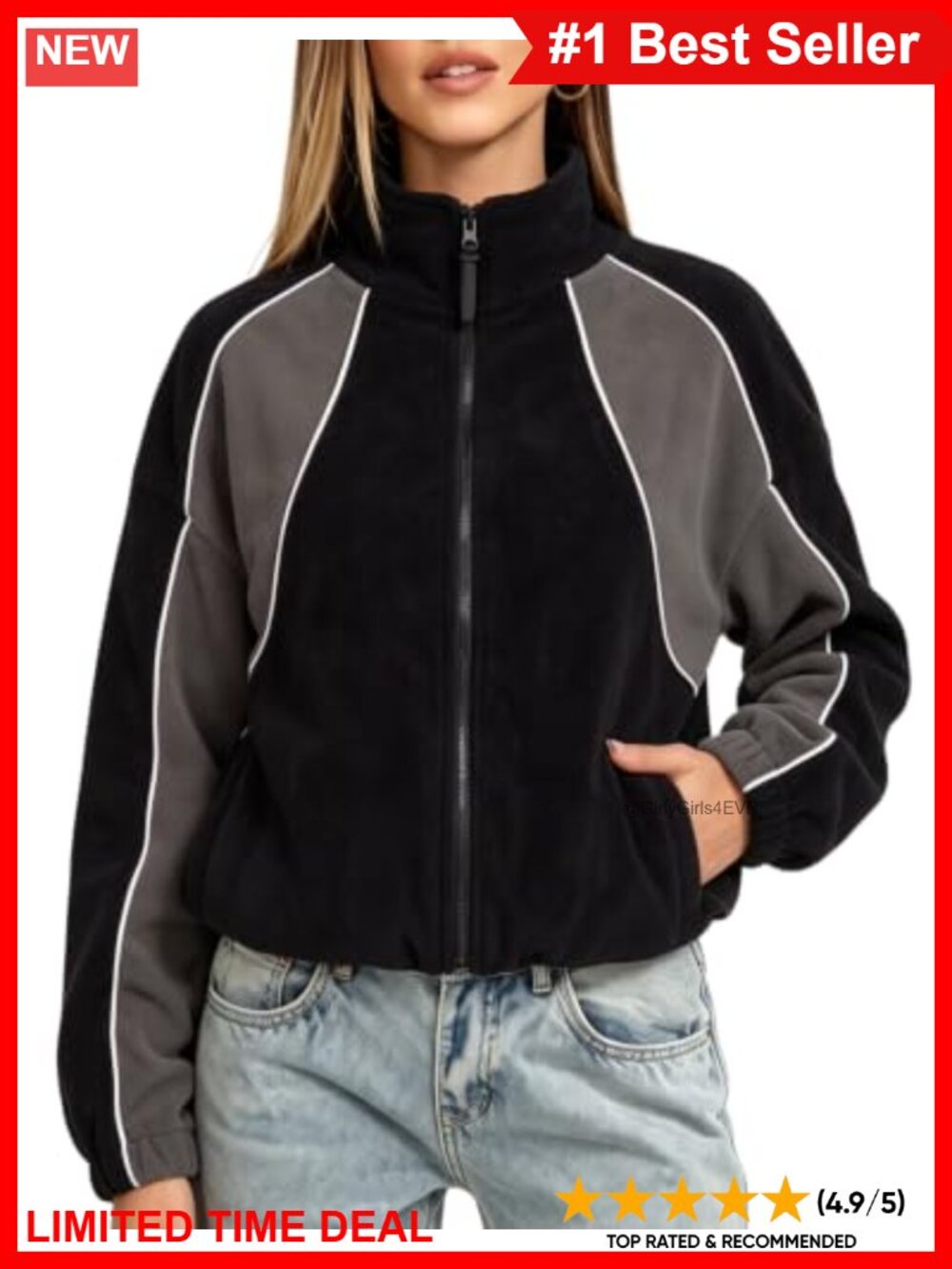 Full Zip Fleece Jacket Color Block Sherpa Coat Stand Collar Pockets